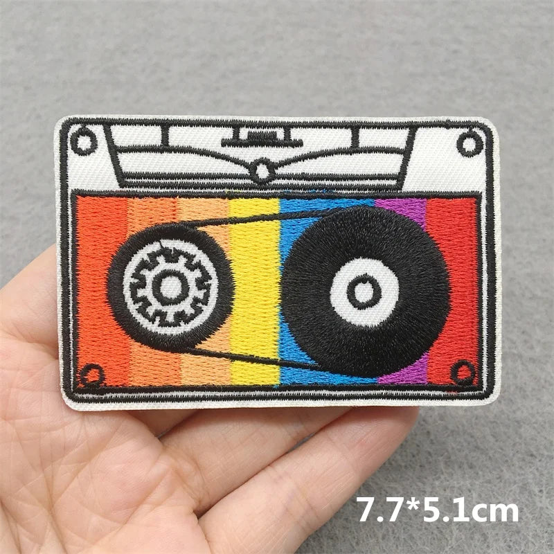 A colorful rainbow stripe cassette tape music embroidered patch for clothes stickers diy on jacket jeans headset