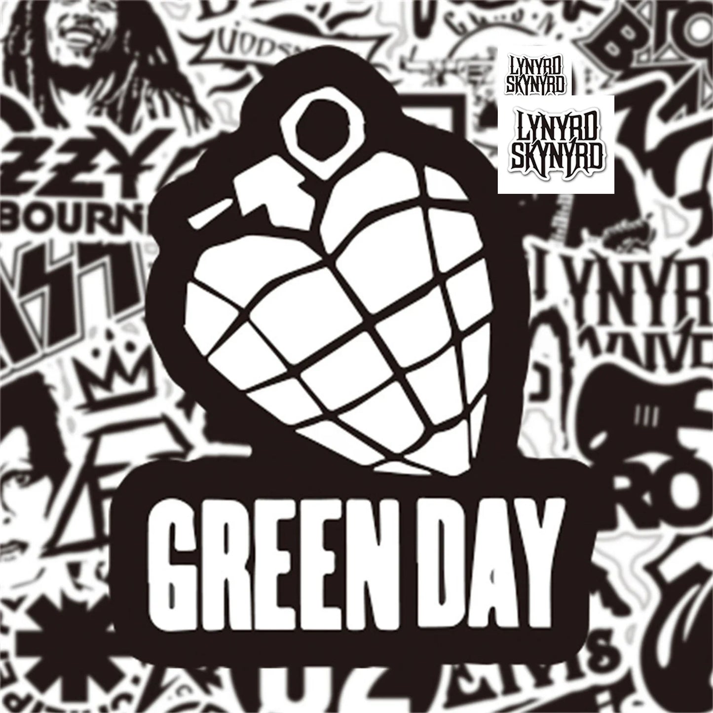 Black and white rock music sticker of a grenade with green day text for phone guitar motorcycle skateboard luggage 50pcs