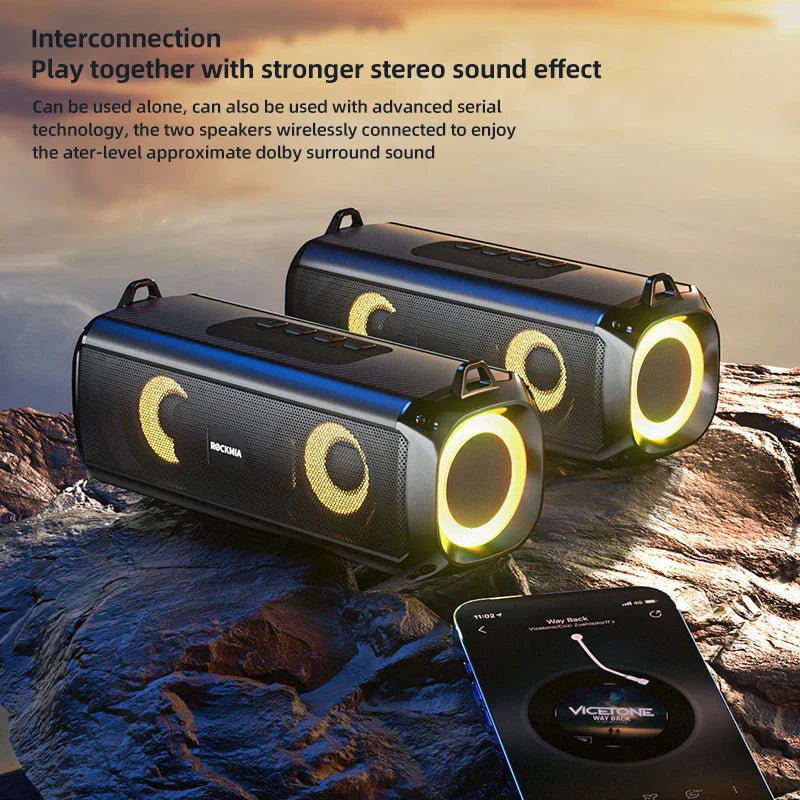 Black rectangular portable wireless music speakers with rgb led lights card shoulder strips and rugged design by rocksia