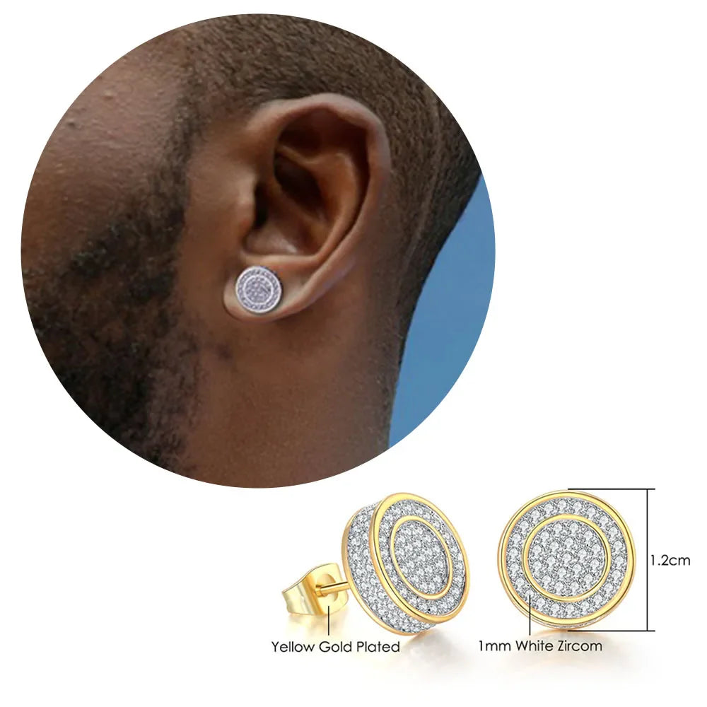 Gold-plated hip hop stud earrings with double-layered design and white zircon stones for men and women