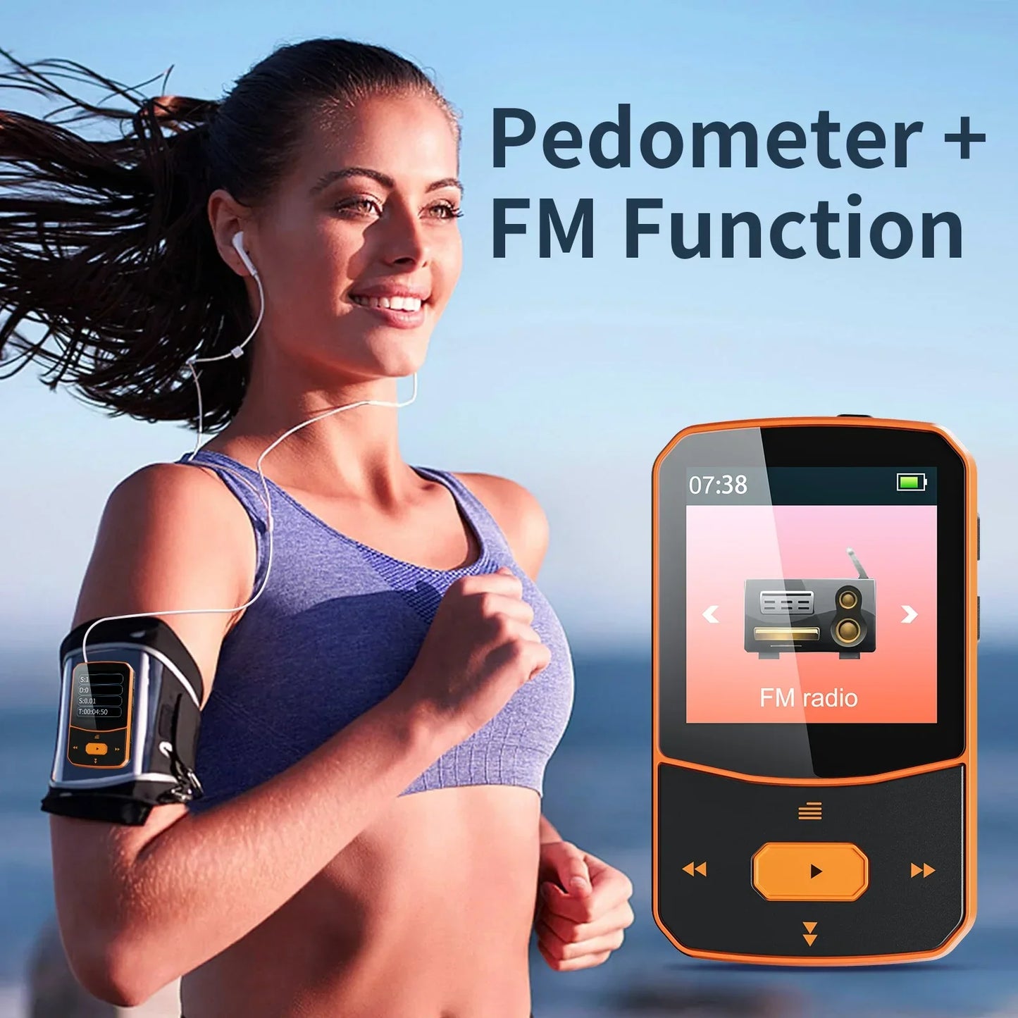 Ruizu x52 orange mp3 player with 1.5 inch tft display showing radio pedometer and supports 128gb tf card