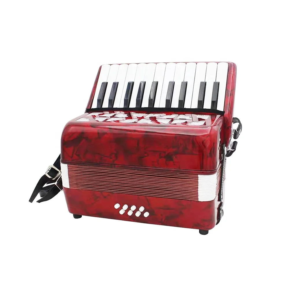 A vibrant red glossy acrylic seasound oem bass accordion chromatic with black and white keys piano keyboard jp2208
