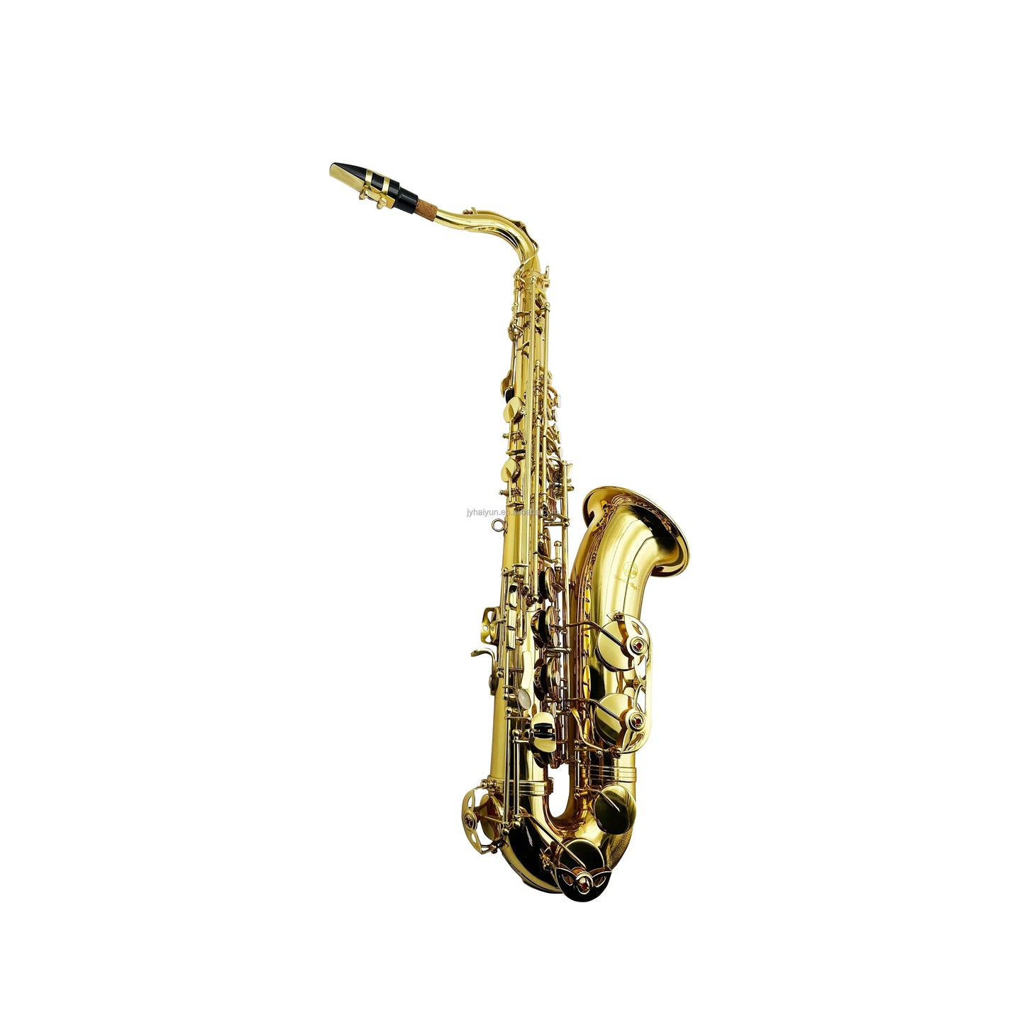 Gold bb tenor saxophone woodwind instrument with polished brass body and adjustable features black mouthpiece accents