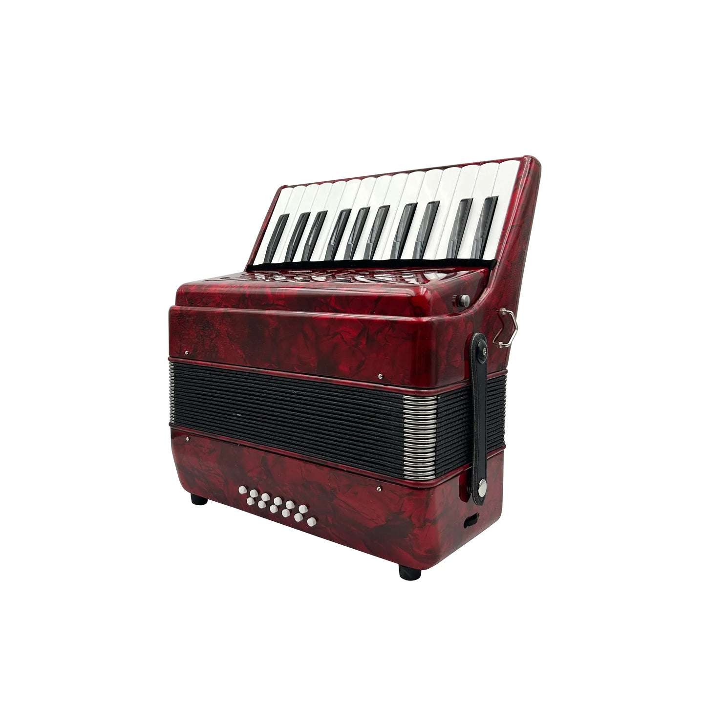 A glossy maroon seasound oem professional accordion instrument jp2512 with a celluloid piano keyboard and 25 keys