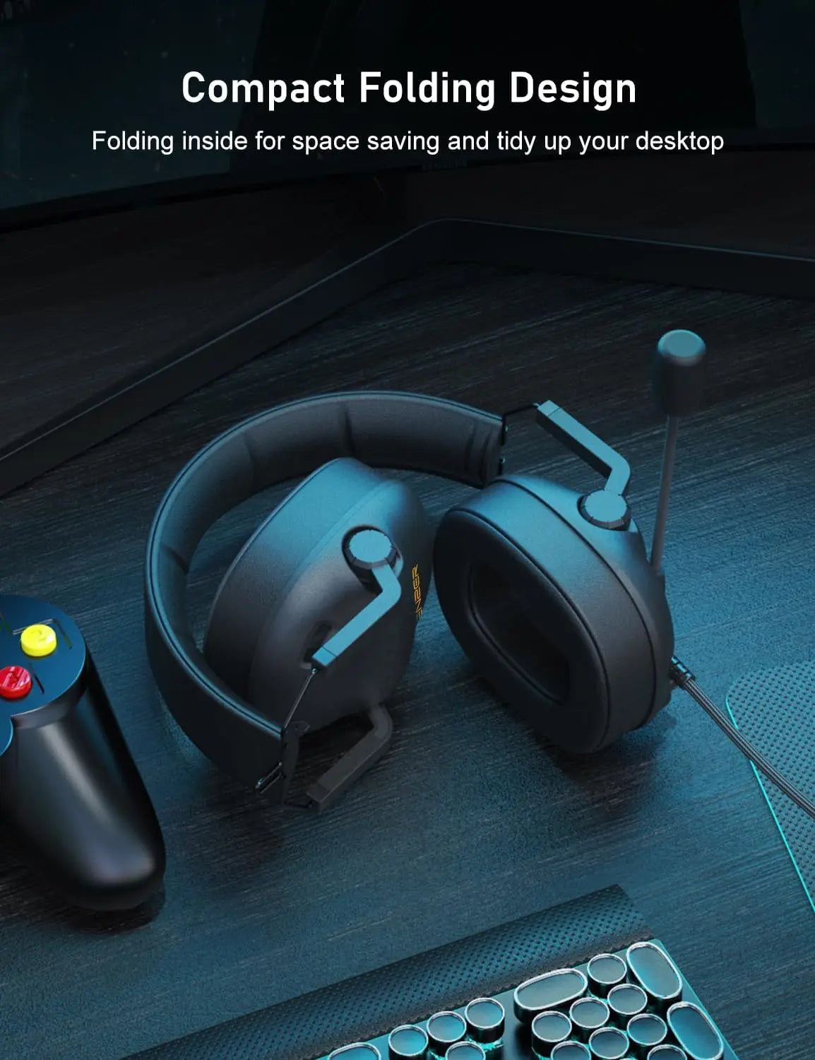 Senzer sg500 black folding pro gaming headset with surround sound pro and subtle yellow earcup accents for pc ps4 ps5 xbox