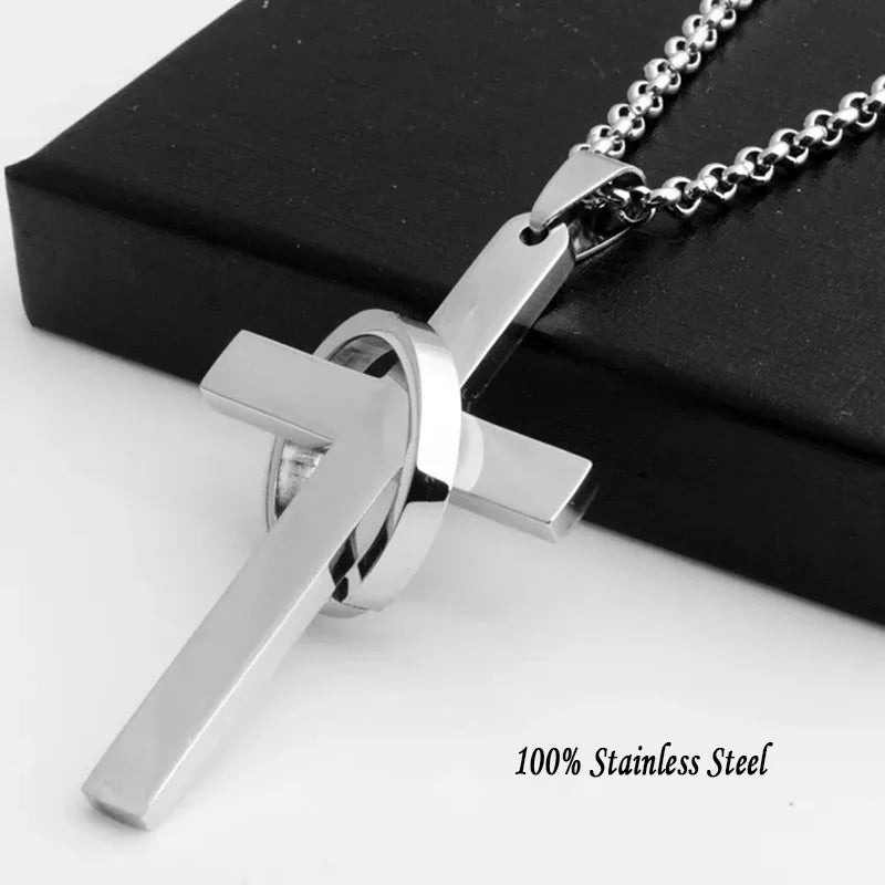 Silver stainless steel simple cross with circle pendant necklace chain christ cruz men boys cool neck jewelry
