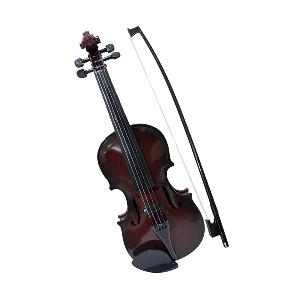 A polished dark brown wooden simulated violin music practice violin kit with black tuning pegs and matching bow for performance props gifts