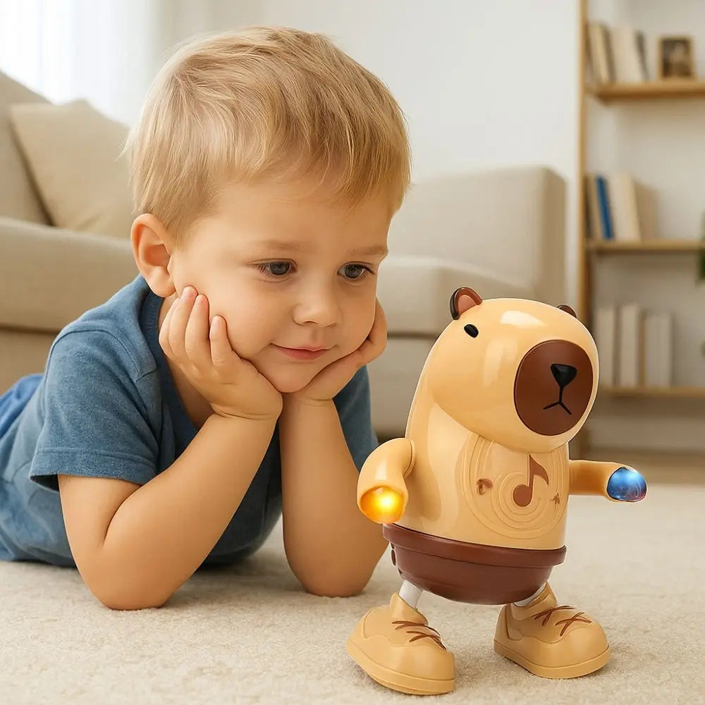 Tan and brown plastic electric capybara toy with glowing yellow and blue lights dancing with music and durable design