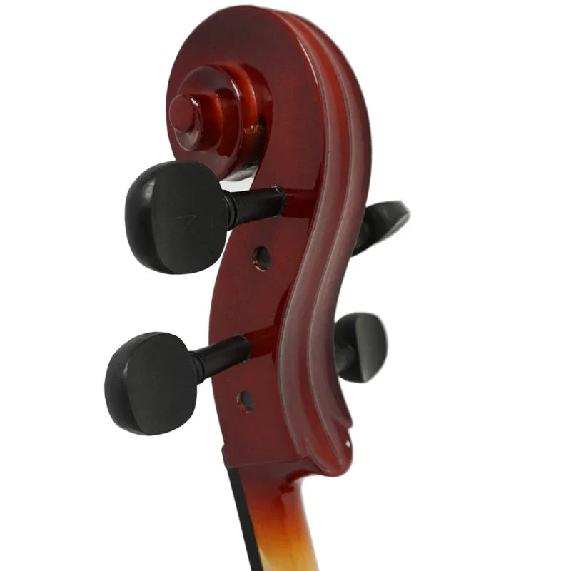 Red and orange gradient-finished violin scroll with black tuning pegs on sinomusik high quality spraying cello varnish instrument