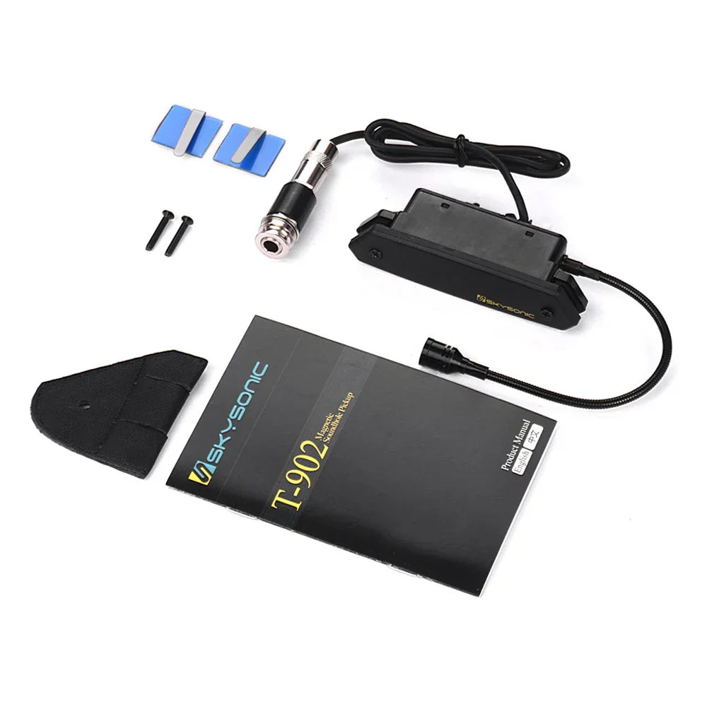 Black skysonic t-902 guitar active soundhole pickup magnetic with metallic connector and coiled cable for acoustic guitars