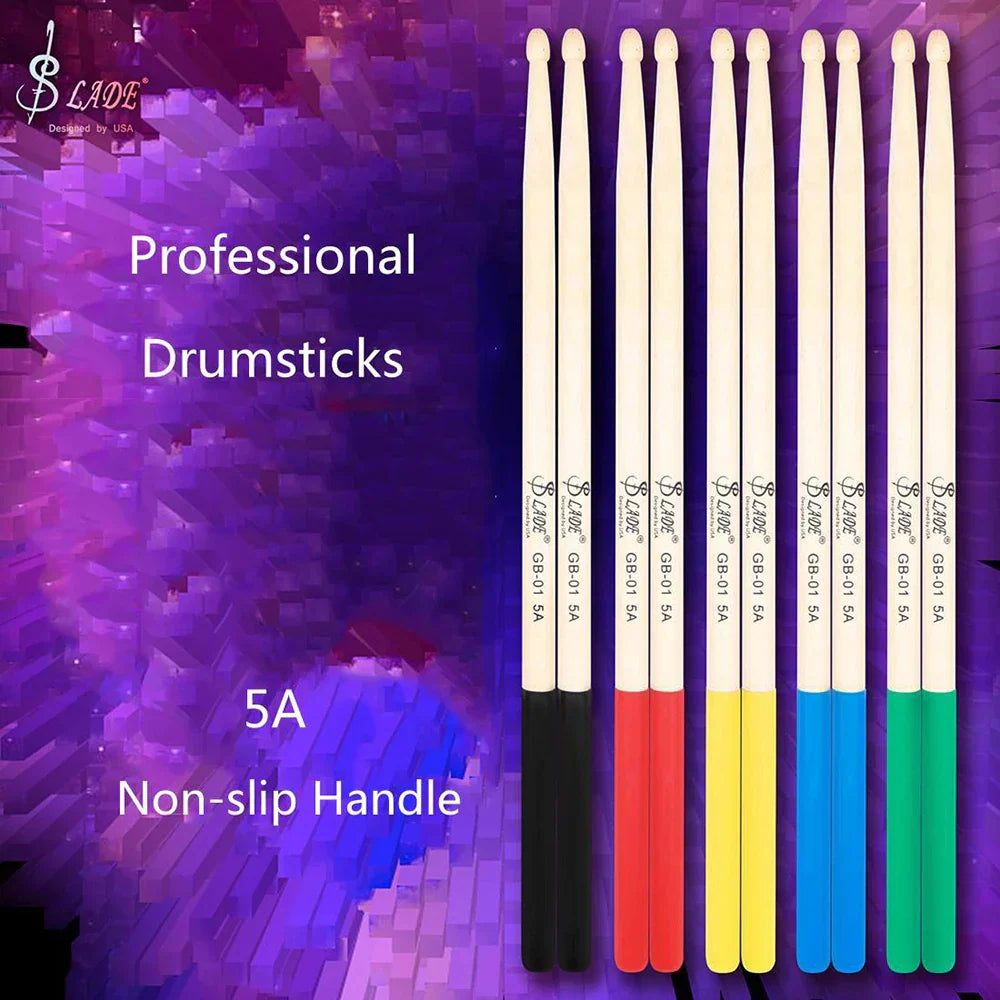Set of eight slade brand professional wooden percussion pair 5a maple drumsticks with non-slip handles in vibrant colors