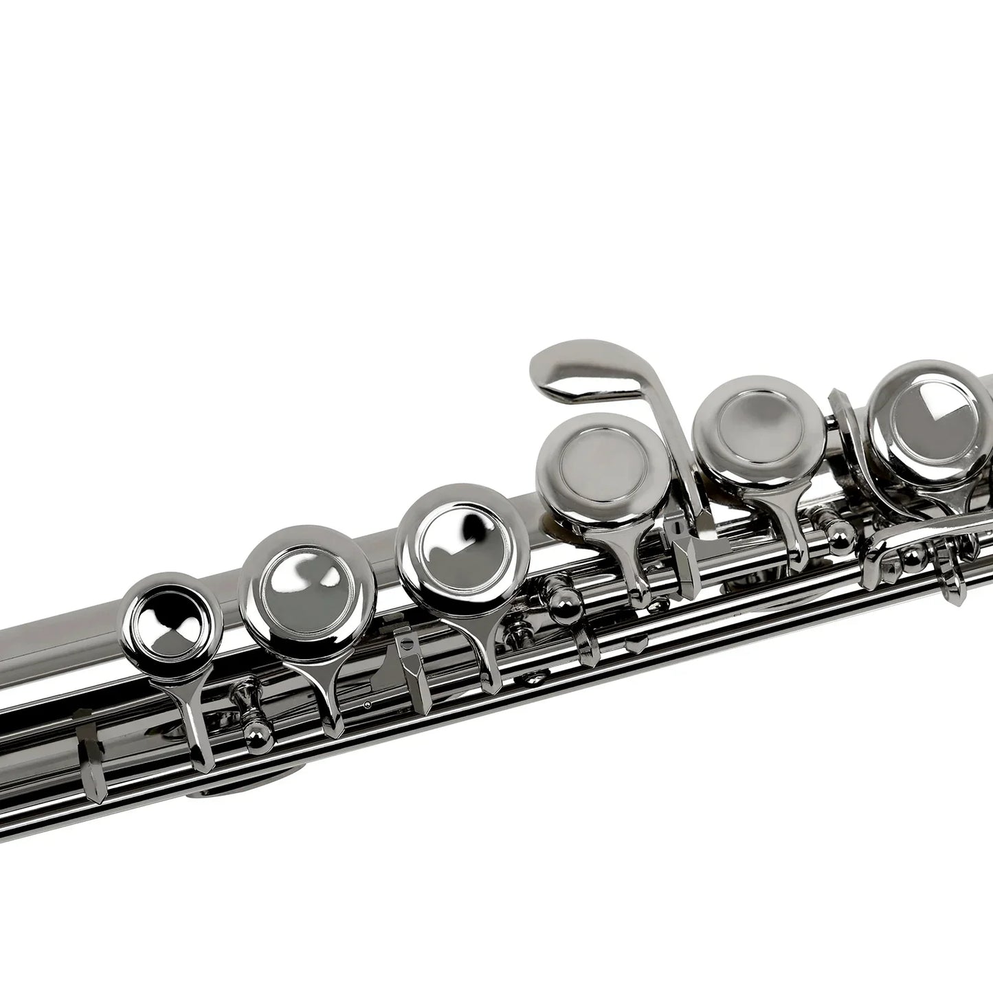 Shiny silver slaide professional transverse flute with polished keys and intricate detailing includes box cleaning cloth