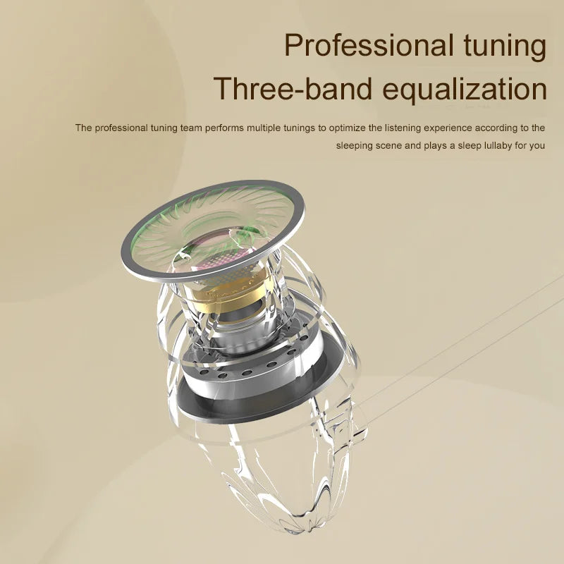 Clear transparent sleep earbuds hifi with metallic silver driver gold accents glue sleep wired for surround sound use