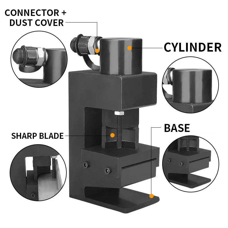 Black metal small hydraulic chamfering machine with labeled cylinder base sharp blade connector and dust cover for angle steel cutting