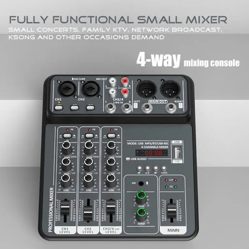 Black metal 4 channel usb mixing console portable with green-lit knobs and labeled ports for recording karaoke songs