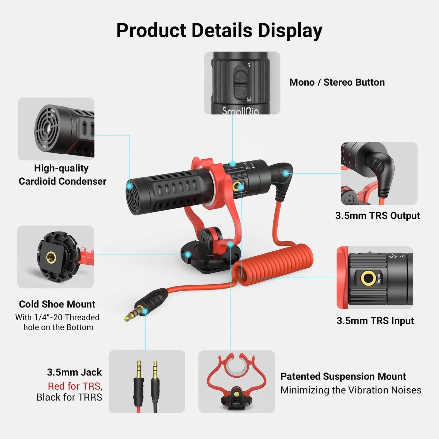 Black and red SmallRig S20 on-camera microphone with shock mount video, 3.5mm trs ports, and vibration suspension mount