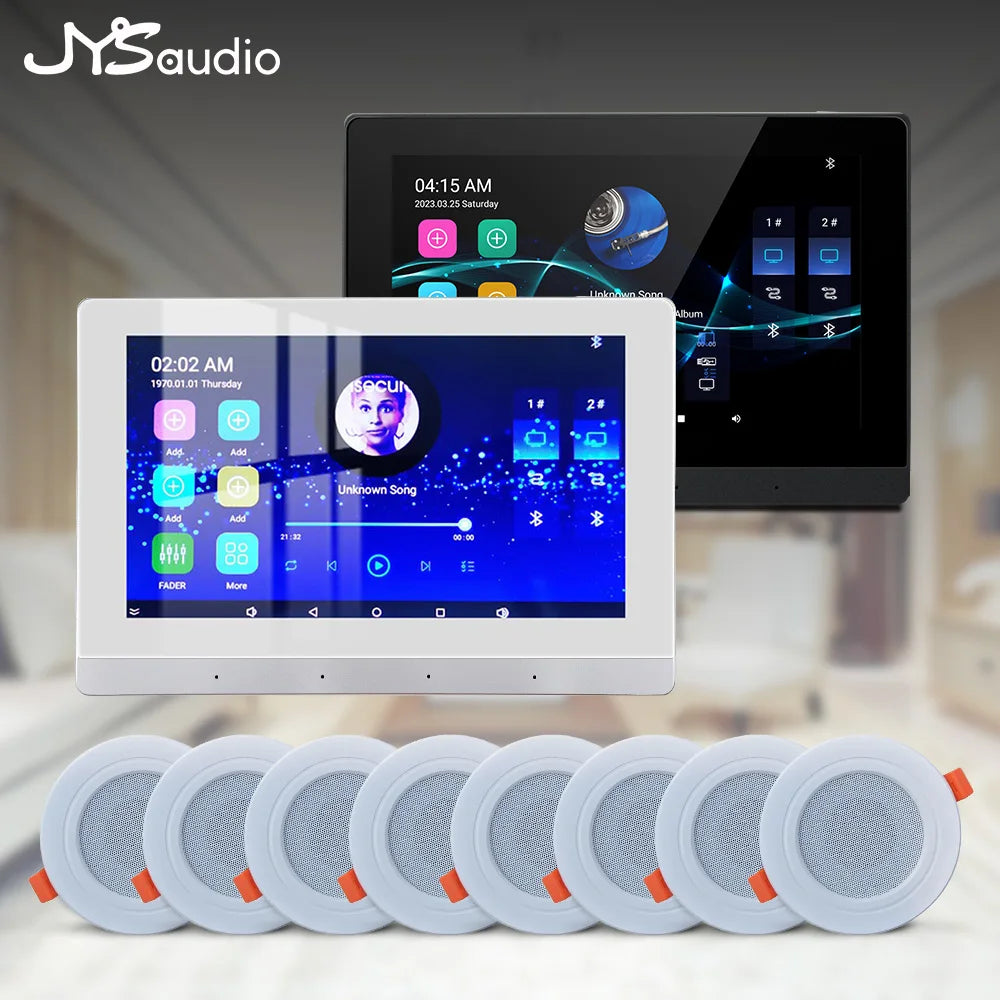 White jysaudio smart home theater sound amplifier with android music panel and six recessed ceiling speakers in wall mount