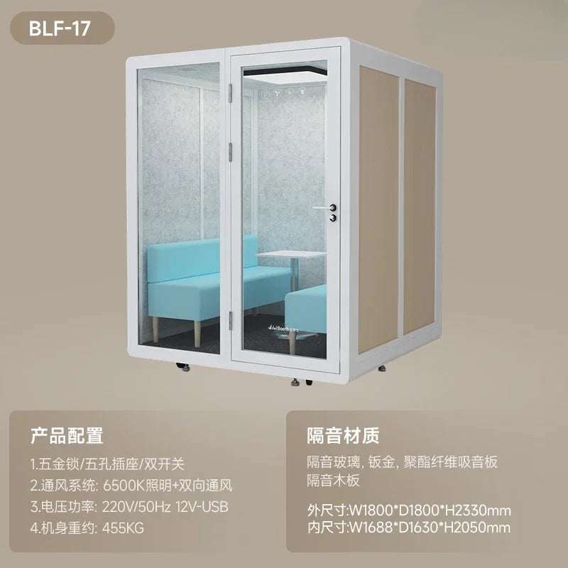 White-framed smart soundproofed room with glass doors beige panels and blue seating for booth recording studio use