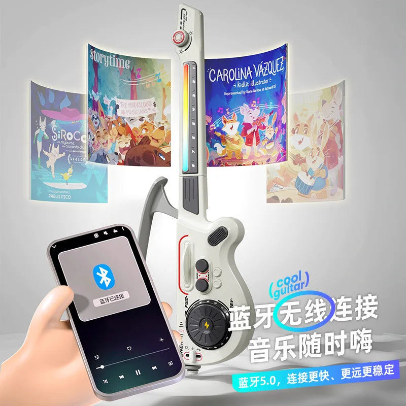 White and gray foldable multifunctional creative bluetooth guitar with electronic bass keyboard for kids electronic bass use