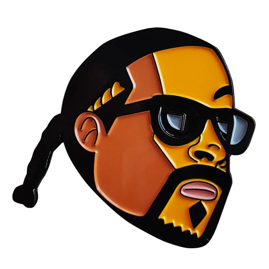 A glossy rapper enamel pin featuring snoop dogg with black sunglasses and orange tones as a hip hop godfather badge jewelry gift