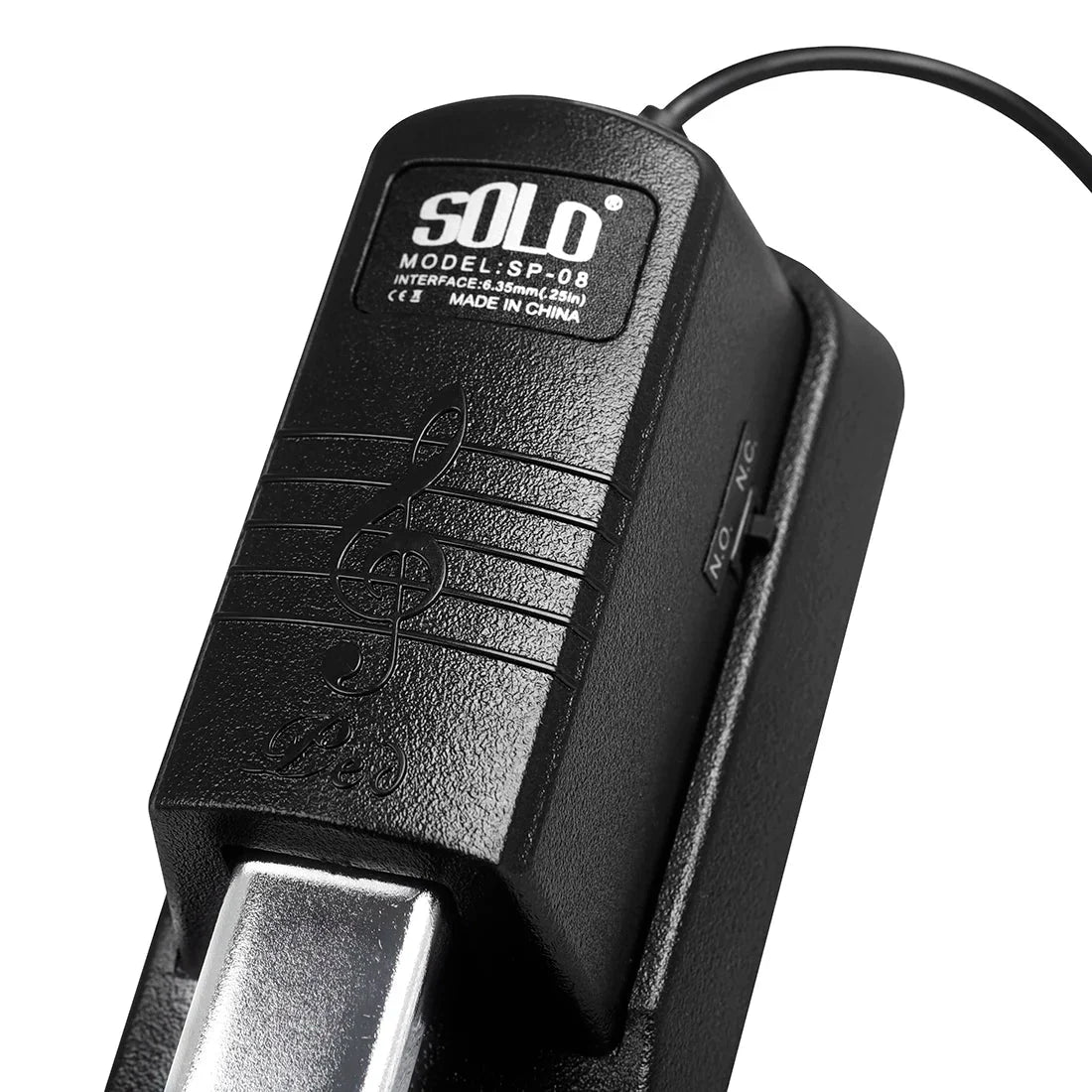 Black solo sp-08 audio interface with textured surface and engraved musical staff designed as midi keyboards electronic accessory