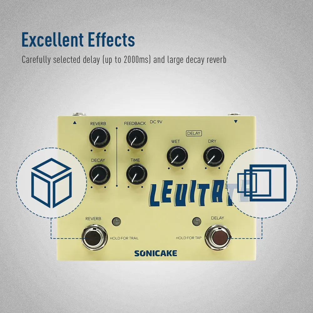 A pale yellow sonicake levitate dual footswitch stompbox digital delay and reverb guitar effects pedal with black knobs