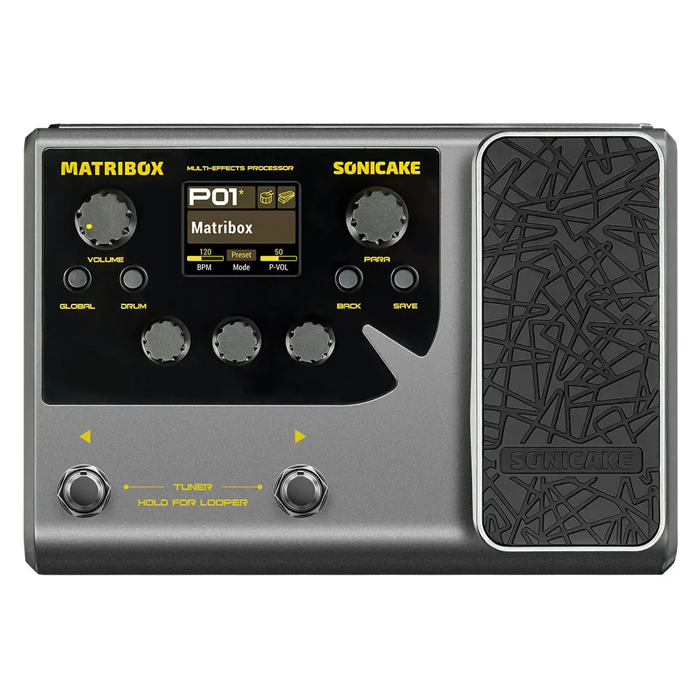 Silver and black sonicake matribox p01 multi effects processor pedal with textured footpad for expression pedal looper and acoustic multi effects