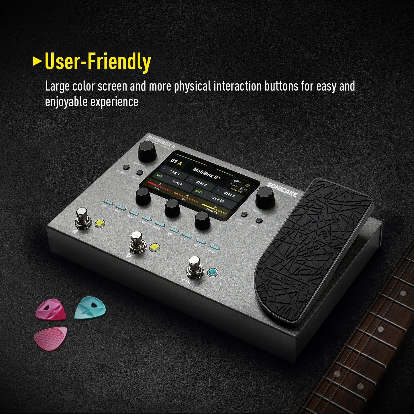 Silver sonicare matribox ii guitar multi-effects pedal with large color screen, knobs, bass amp modeling, and pedal fx loop