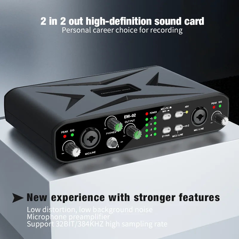 Black em-02 2-in-2-out usb audio interface with mic preamplifier green led indicators metallic knobs for recording