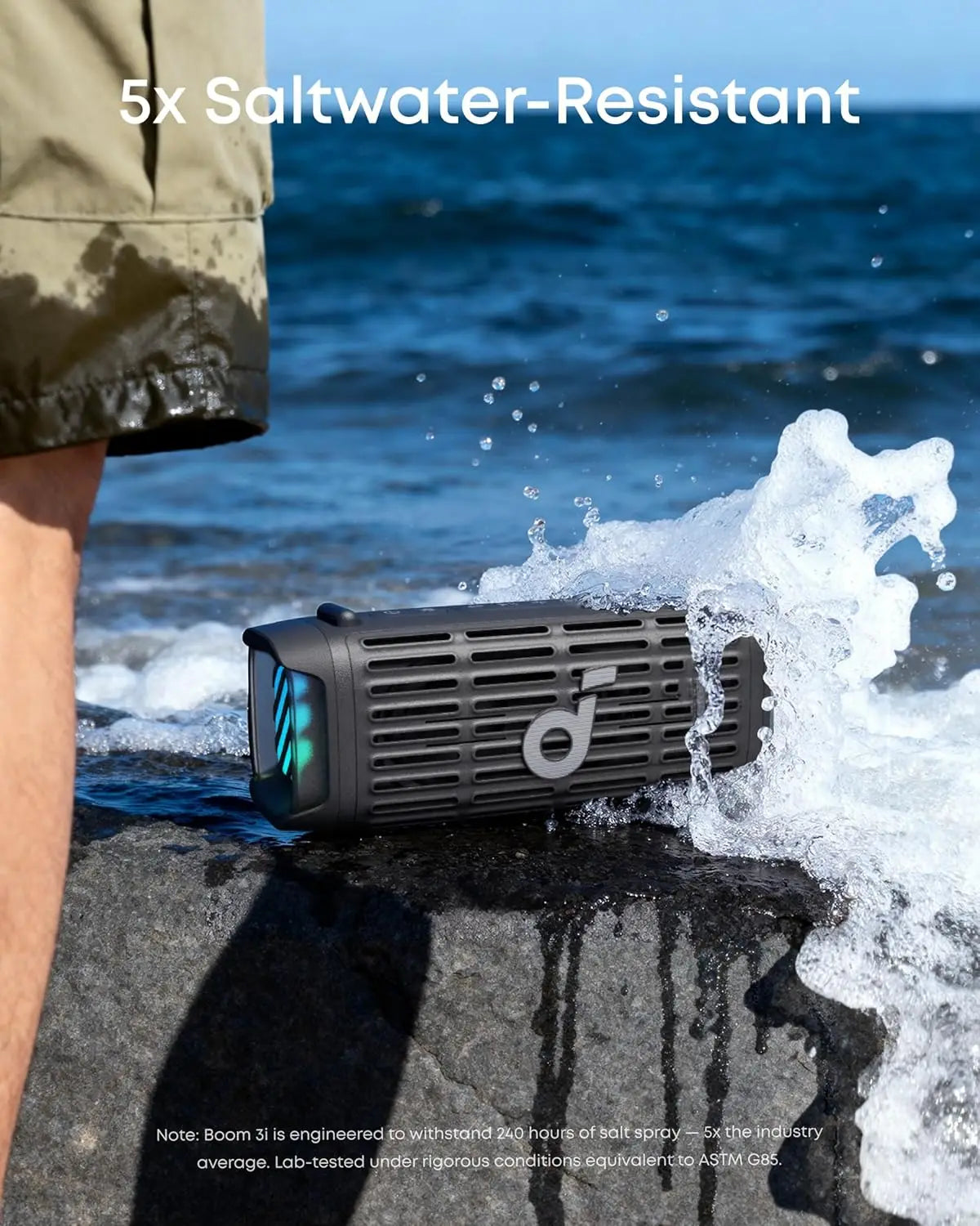 Black rectangular soundcore boom 3i ip68 waterproof floating speaker with textured grille and glowing blue light by anker compact outdoor
