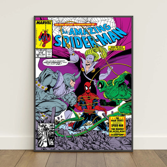 Spiderman comic book covers poster featuring spider-man in red and blue suit with black frame for wall art