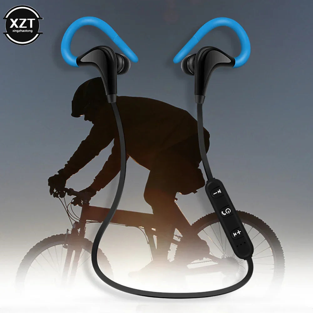 Blue and black sports wireless bluetooth headset running stereo music earphones with ergonomic ear-hooks for secure fit