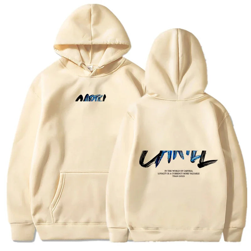 Cream-colored long sleeve hoodie with bold black and blue graffiti carter graphic and inspirational quote for cool casual harajuku hip hop streetwear