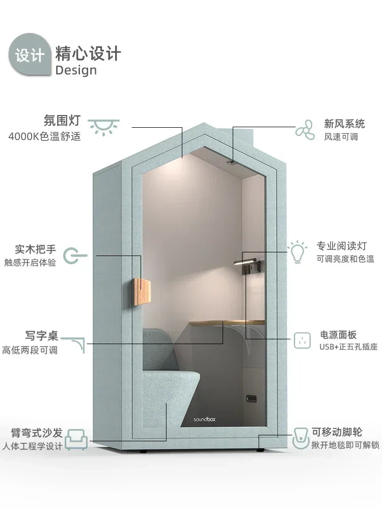 Light blue k178 s25 a55 mobile soundproof room with wooden handle adjustable desk and ergonomic armchair from home learning warehouse