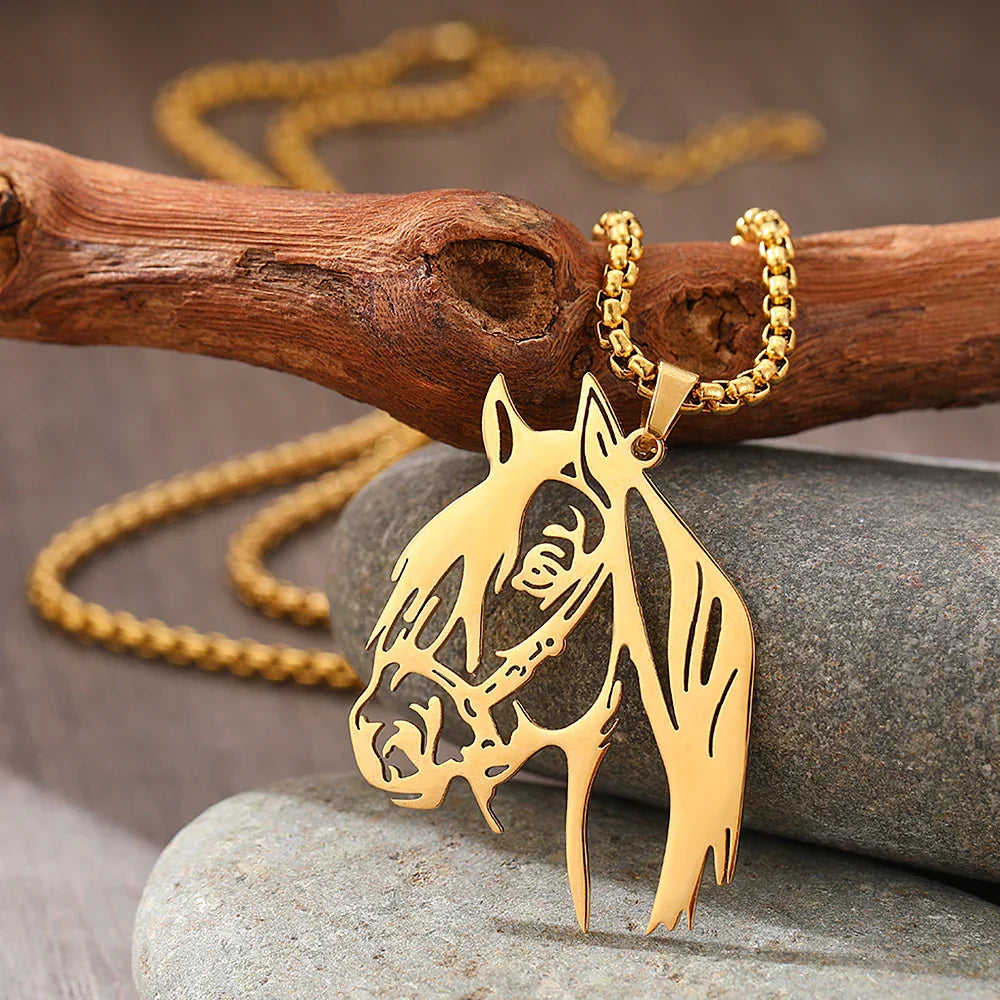 Gold-toned stainless steel horse head pendant choker with intricate cut-out detailing and chain men atmospheric hip hop necklace