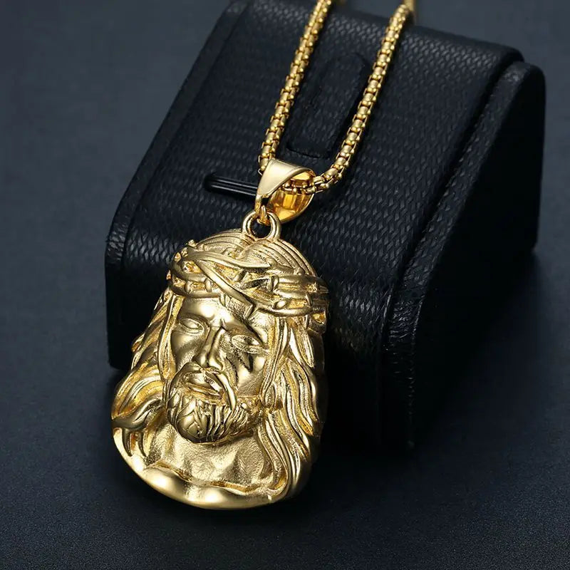Gold-colored stainless steel titanium god jesus human head pendant collar chains necklace with detailed crown of thorns