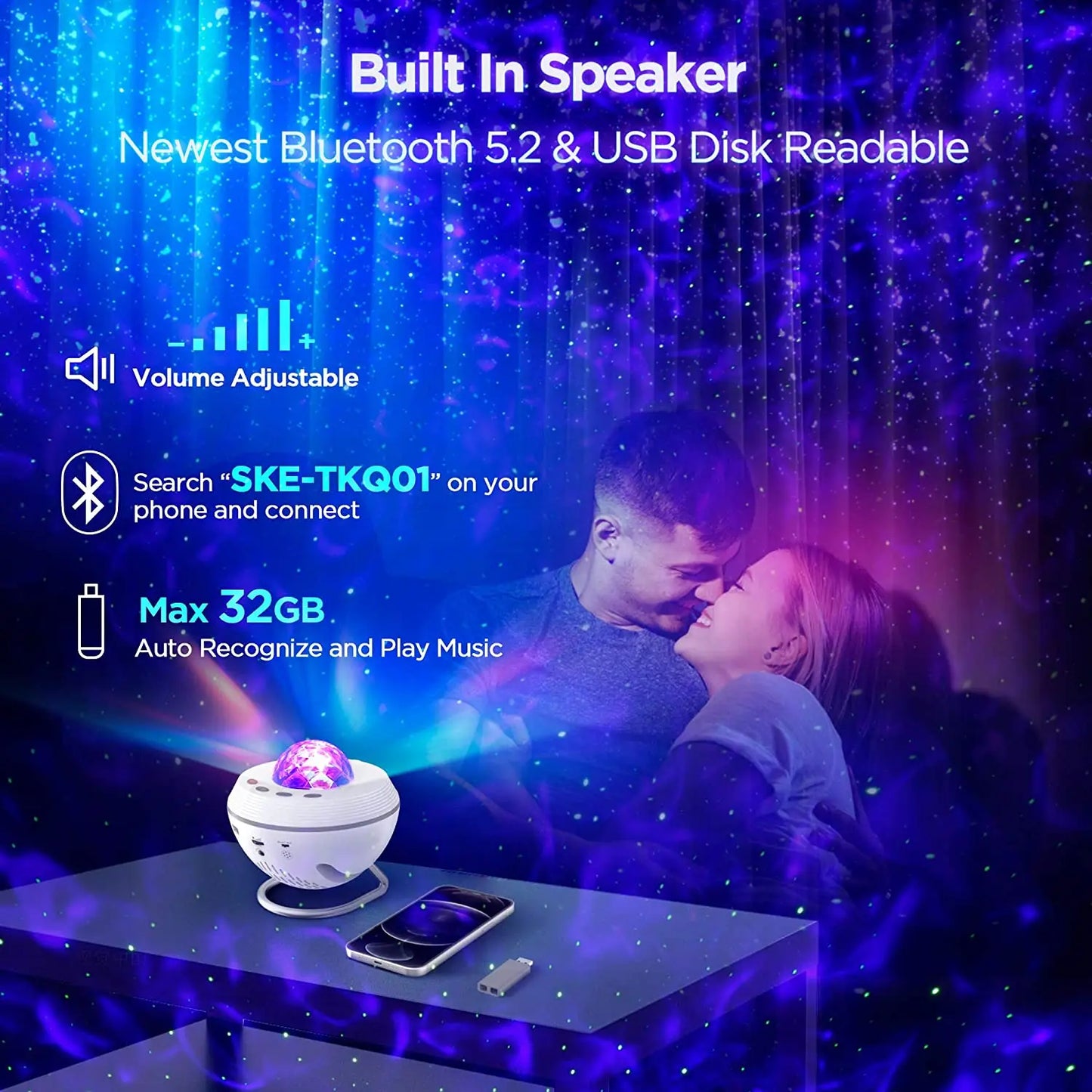White spherical bluetooth 5.2 galaxy projector speaker with purple disco ball top star moving water light ocean projector