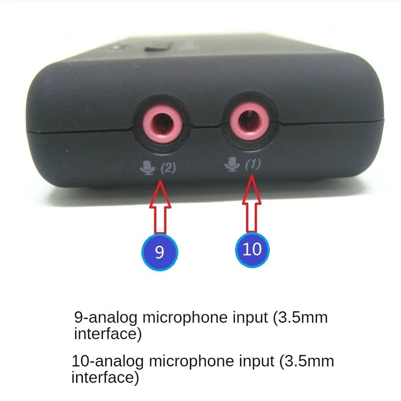 Black rectangular stereo usb dynamic audio optical fiber sound card with two pink 3.5mm mic inputs for channel recording playback