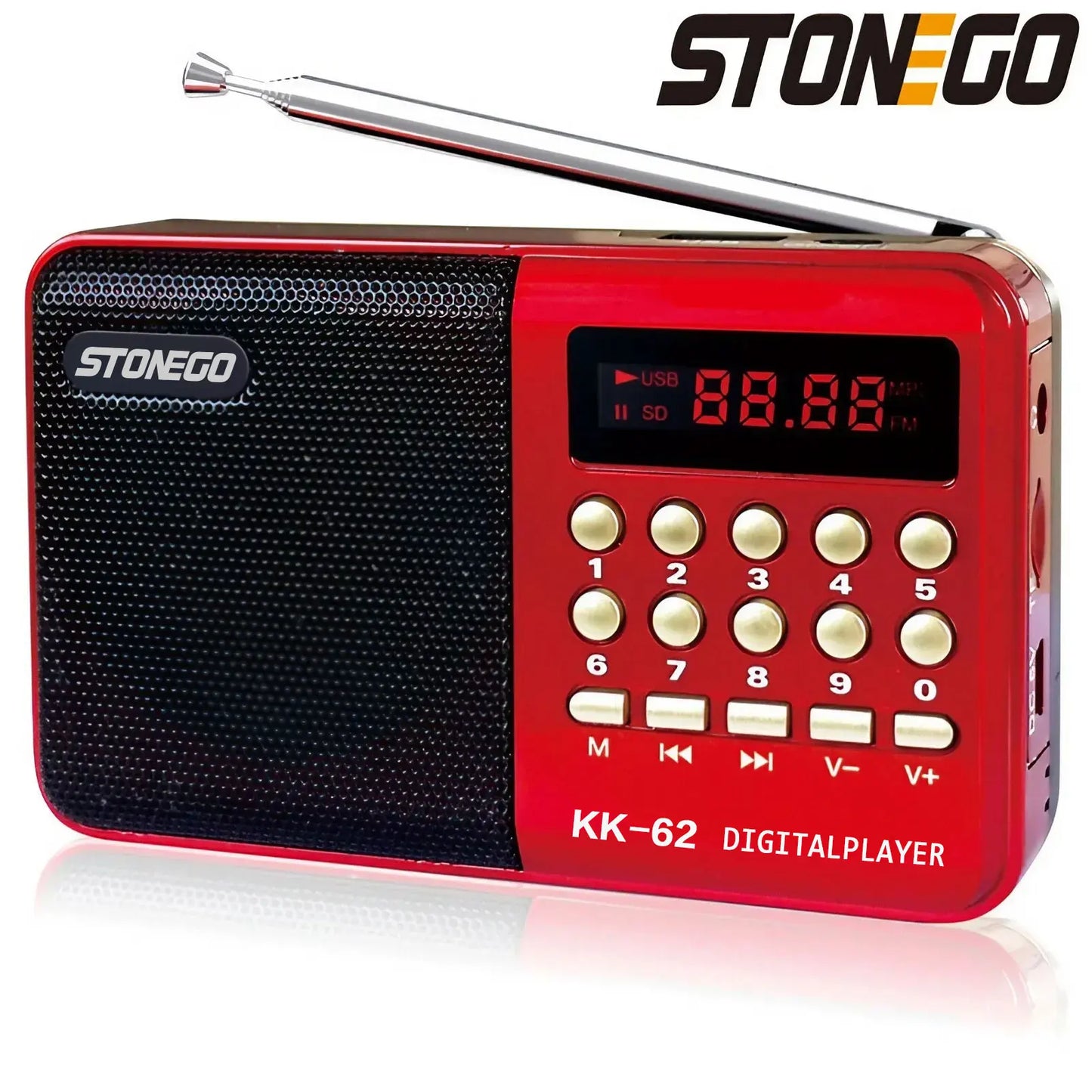 Red stonego mini portable handheld rechargeable digital fm usb player with black mesh speaker grille and silver antenna