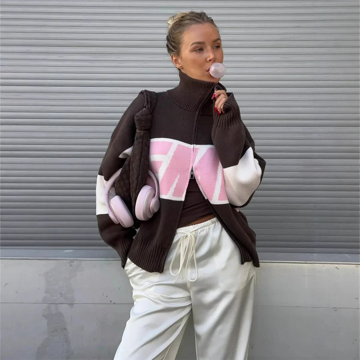 Brown and white color-blocked street harajuku oversized knit zip-up embroidered cardigan y2k with bold pink warm letter splicing