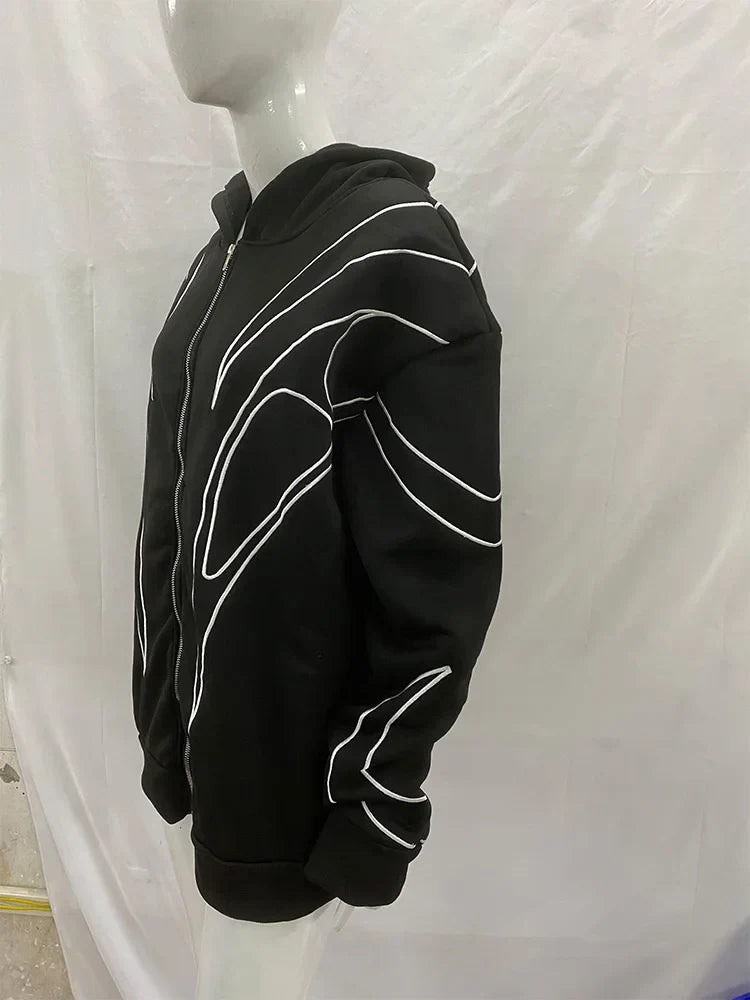 Black zip-up hoodie with bold white embroidered black double abstract lines in street retro fashion punk oversized sweatshirt style