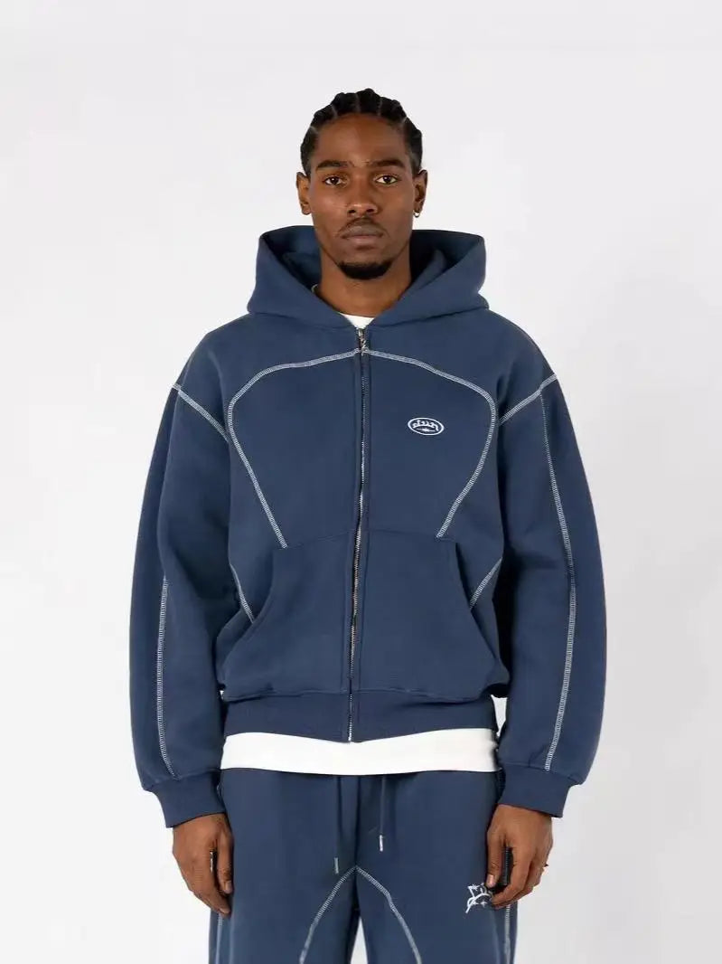 Navy blue zip-up hoodie with white stitching and embroidered logo featuring trendy silhouettes unique casual hoodies