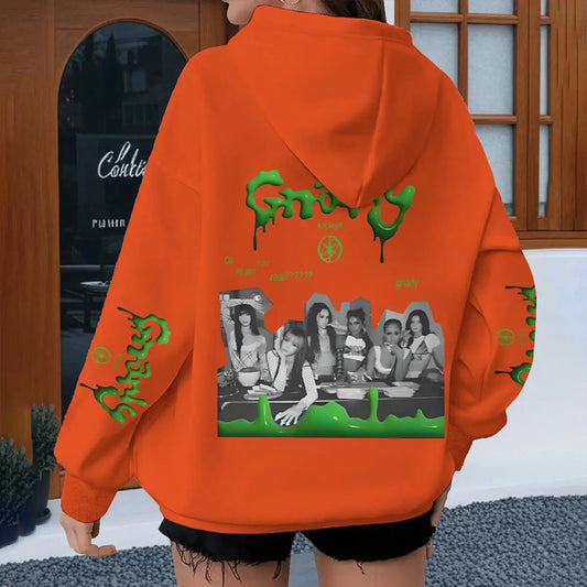Bright orange street style katseye women’s hoodie with green grumpy graphic and black-and-white photo for spring autumn unisex wear