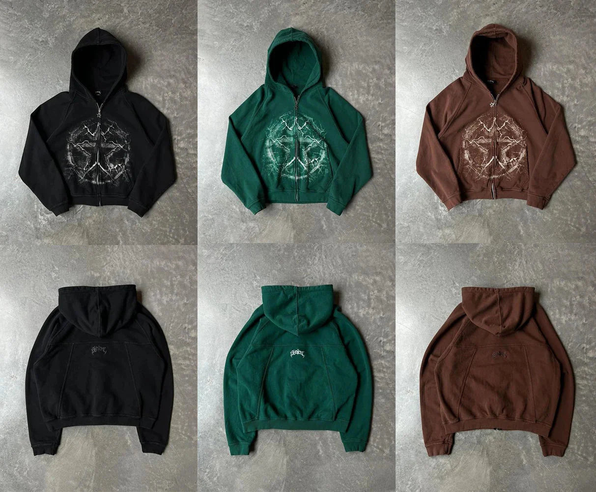 Black green and brown streetwear zip hoodie y2k with white graphic print oversized front and embroidered logo back