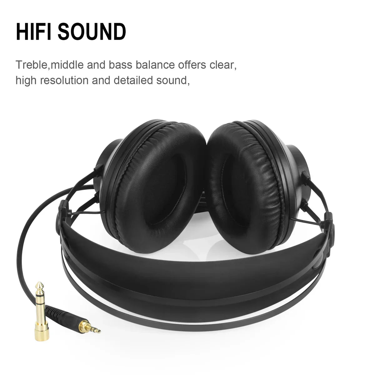 Black studio monitor headphones with padded earcups and gold-plated jack for recording monitor headset use on guitarcellphone mixer amp