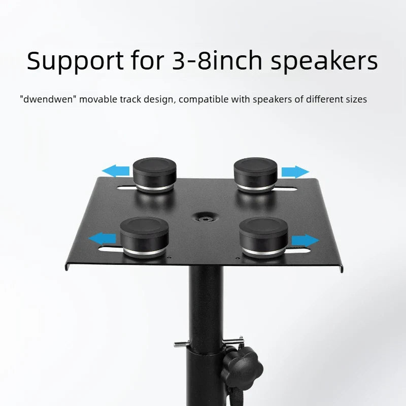 Black metal studio monitor speaker stand with adjustable circular mounts for 3-8 inch speakers and anti-vibration design