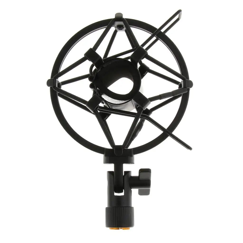 Black metal microphone shock mount stand with circular star-shaped protective grid for studio sound recording