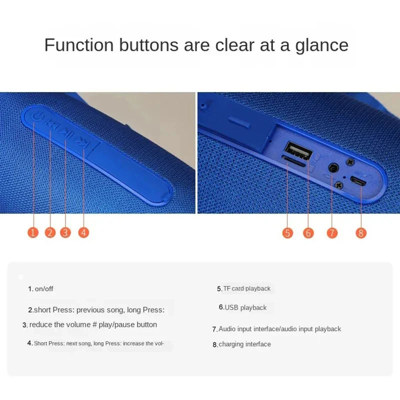 Blue textured fabric bluetooth speaker portable with control panel and multiple ports for wireless woofer bass radio fm 10w