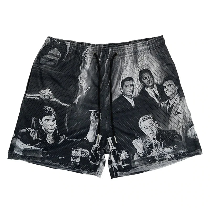 Black and gray mesh short pant rose with detailed godfather graphic made of fitness polyester fast dry fabric for street hip hop use