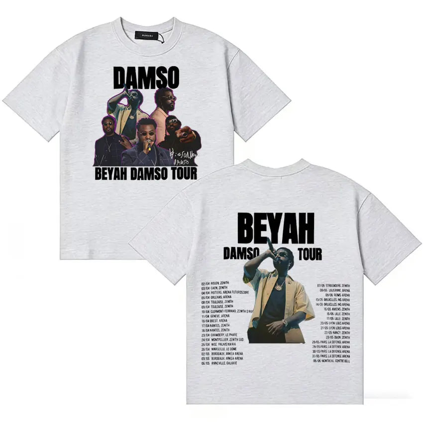 White cotton summer singer damso t-shirt with black graphic print high quality streetwear double sided design